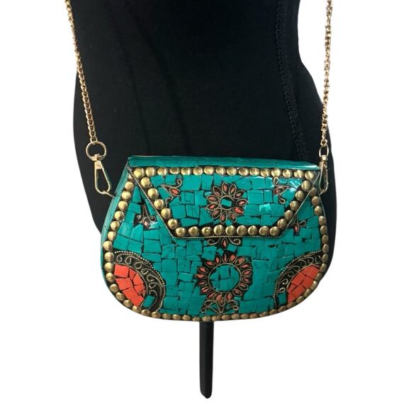 Ramla Handmade Moroccan Turquoise Tile Mosaic Clutch Crossbody with Gold Chain - Picture 8 of 9